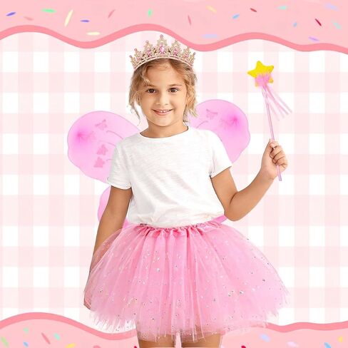 4 Pcs Pink Fairy Costume Princess Dress up Accessories for Girls Butterfly Fairy Wing Tutu Skirt Crown Tiaras Star Wand for Kids Reading Lover Book Week Day Party Cosplay Supplies in Saudi Arabia