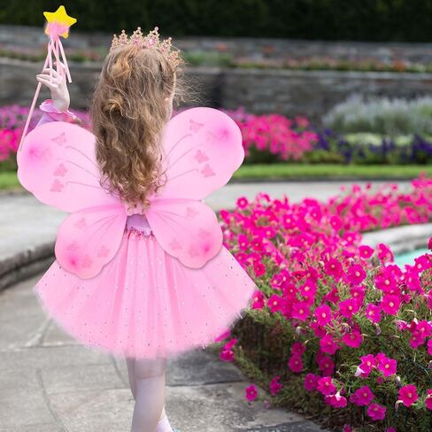 4 Pcs Pink Fairy Costume Princess Dress up Accessories for Girls Butterfly Fairy Wing Tutu Skirt Crown Tiaras Star Wand for Kids Reading Lover Book Week Day Party Cosplay Supplies in Saudi Arabia