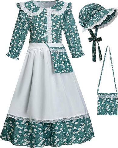Girls Pioneer Dress Prairie Dress Floral Colonial Costume with Apron and Bonnet in Saudi Arabia