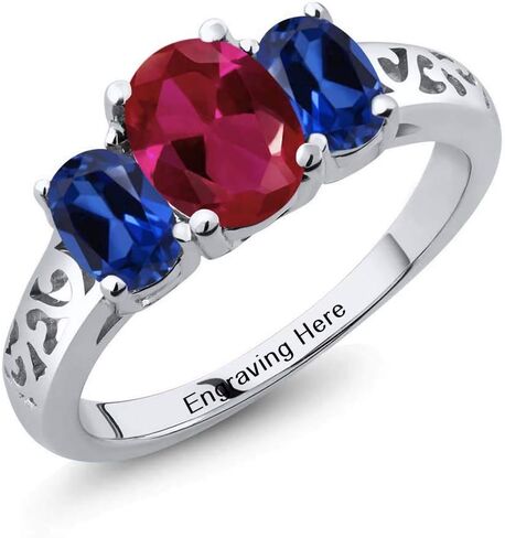 Gem Stone King Customized Personalized Engraved 3-Stone Engagement Ring For Women | 925 Sterling Silver | 3 Gemstone Birthstone Anniversary Promise Name Couple Mother's Ring | Size 5, 6, 7, 8, 9 in Saudi Arabia