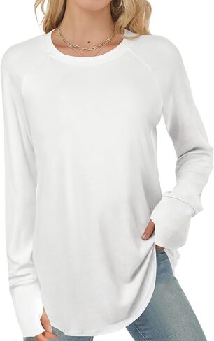 Fioris Long Sleeve Shirts for Women Tunic Tops to Wear with Leggings Crew Neck T-shirt Thumb Holes Loose Fit Shirt Curved Hem in Saudi Arabia