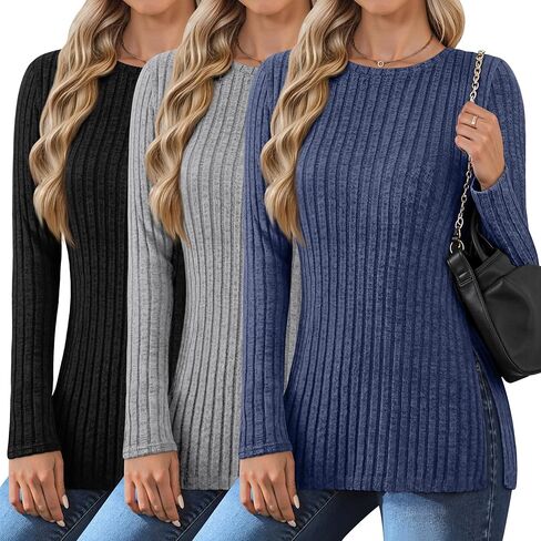 3 Pack Women's Long Sleeve Shirts with Side Split Crew Neck Lightweight Tunic Sweaters Ribbed Casual Fall Tops in Saudi Arabia