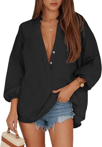 Yousify Womens V Neck Button Down Shirts 3/4 Length Sleeve Blouses Casual High Low Hem Tunics Loose Fit Tops in Saudi Arabia