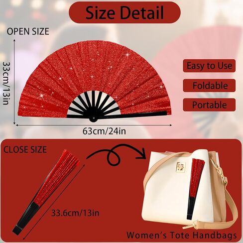 Dremisland 2 Pack Glitter Large Fans Red Fans for Line Dancing Boots on the Ground Fan Shiny Popping Clacking Fan Hand Fans for Women Foldable Rave Accessories for Festival, Party, Club, Dance in Saudi Arabia