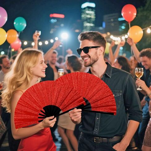 Dremisland 2 Pack Glitter Large Fans Red Fans for Line Dancing Boots on the Ground Fan Shiny Popping Clacking Fan Hand Fans for Women Foldable Rave Accessories for Festival, Party, Club, Dance in Saudi Arabia