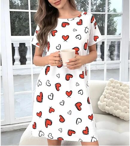 Women’s Sleep Dress, Heart Print Soft Short Sleeve Pajama Dress for Lounging and Relaxation, Comfortable Loungewear in Saudi Arabia