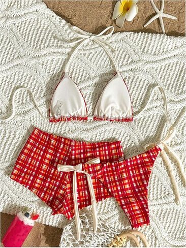 Verdusa Women's 3 Piece Boho Gingham Halter String Bikini Set High Cut Swimsuit with Boyshorts in Saudi Arabia