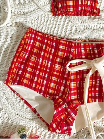 Verdusa Women's 3 Piece Boho Gingham Halter String Bikini Set High Cut Swimsuit with Boyshorts in Saudi Arabia