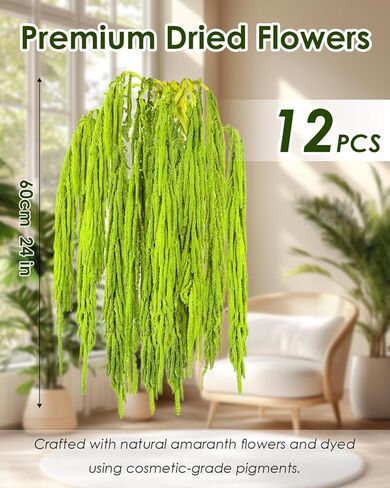 12Pcs Dried Amaranthus Hanging Flowers, 24 Inch Green Artificial Amaranthus Flowers for Wedding Arch, Floral Garland, Home Wall Decor, Preserved Natural Decorations in Saudi Arabia