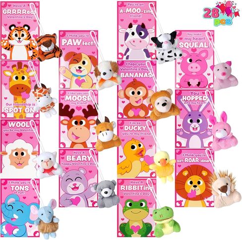 JOYIN 28 Pack Mini Plush Animals Toys with Gift Cards, Mini Animal Plush Toys for Day Gifts, Classroom Exchange Cards and Party Favor in Saudi Arabia