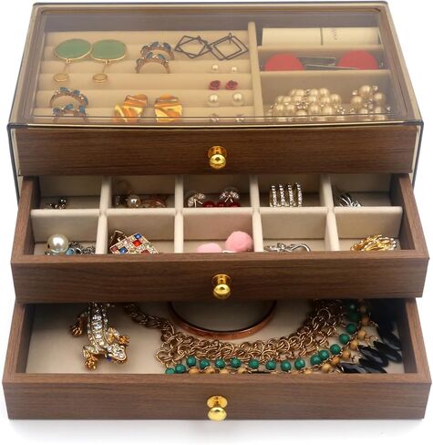 Acrylic Jewelry Organizer with Velvet Lining & Wood Drawer - Adjustable Compartments for Earrings, Rings, Necklaces, Bracelets, Lipstick | Stackable Makeup Storage Case (Beige) in Saudi Arabia