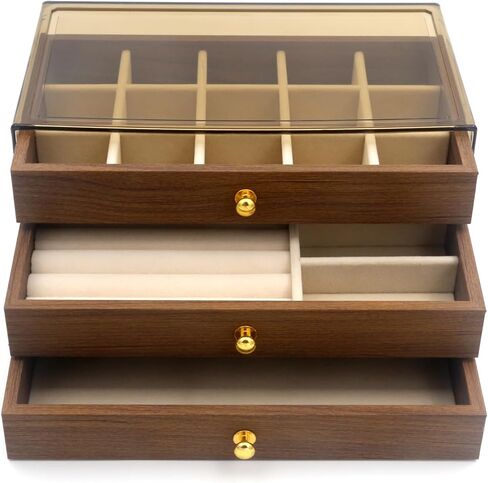 Acrylic Jewelry Organizer with Velvet Lining & Wood Drawer - Adjustable Compartments for Earrings, Rings, Necklaces, Bracelets, Lipstick | Stackable Makeup Storage Case (Beige) in Saudi Arabia