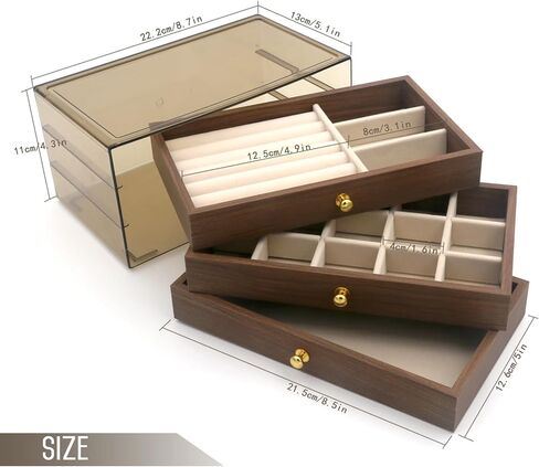 Acrylic Jewelry Organizer with Velvet Lining & Wood Drawer - Adjustable Compartments for Earrings, Rings, Necklaces, Bracelets, Lipstick | Stackable Makeup Storage Case (Beige) in Saudi Arabia