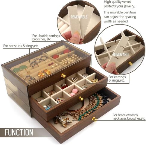 Acrylic Jewelry Organizer with Velvet Lining & Wood Drawer - Adjustable Compartments for Earrings, Rings, Necklaces, Bracelets, Lipstick | Stackable Makeup Storage Case (Beige) in Saudi Arabia