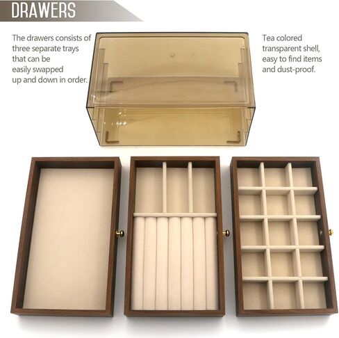 Acrylic Jewelry Organizer with Velvet Lining & Wood Drawer - Adjustable Compartments for Earrings, Rings, Necklaces, Bracelets, Lipstick | Stackable Makeup Storage Case (Beige) in Saudi Arabia