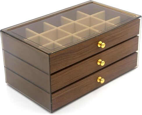Acrylic Jewelry Organizer with Velvet Lining & Wood Drawer - Adjustable Compartments for Earrings, Rings, Necklaces, Bracelets, Lipstick | Stackable Makeup Storage Case (Beige) in Saudi Arabia