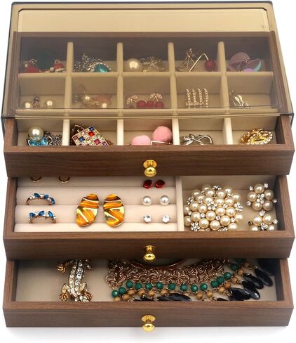 Acrylic Jewelry Organizer with Velvet Lining & Wood Drawer - Adjustable Compartments for Earrings, Rings, Necklaces, Bracelets, Lipstick | Stackable Makeup Storage Case (Beige) in Saudi Arabia