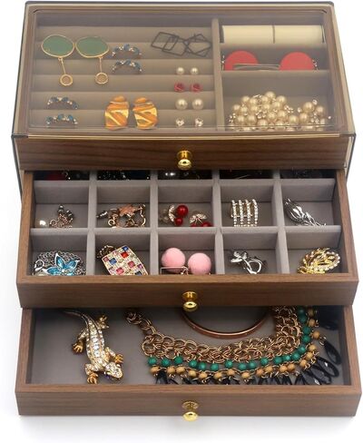 Acrylic Jewelry Organizer with Velvet Lining & Wood Drawer - Adjustable Compartments for Earrings, Rings, Necklaces, Bracelets, Lipstick | Stackable Makeup Storage Case (Beige) in Saudi Arabia