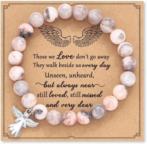 COLORFUL BLING Angel Natural Stone Beaded Strand Adjustable Bracelet with Meaningful Card Inspirational for Women Jewelry Gifts Wristbands Faith Memorial Sympathy Religious in Kuwait