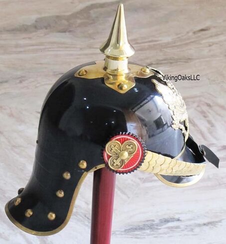 خوذة بيكلهاوب الألمانية البروسية من الحرب العالمية الأولى والثانية مع لمسات نحاسية، خوذة الضابط الإمبراطوري سبايك، خوذات بيكلهاوبين يمكن ارتداؤها | أزياء العصور الوسطى هيلم درع SCA LARP طبق الاصل زي الفضة in Kuwait