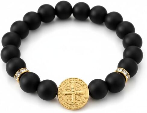 Saint Benedict Bracelet for Men with Matte Onyx Stone and Charm – Swiss Zirconia Beads – 14K Gold Plated Steel – Men's Protection Jewelry in Saudi Arabia