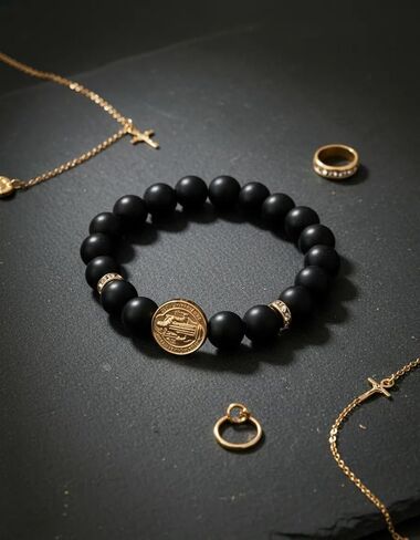 Saint Benedict Bracelet for Men with Matte Onyx Stone and Charm – Swiss Zirconia Beads – 14K Gold Plated Steel – Men's Protection Jewelry in Saudi Arabia