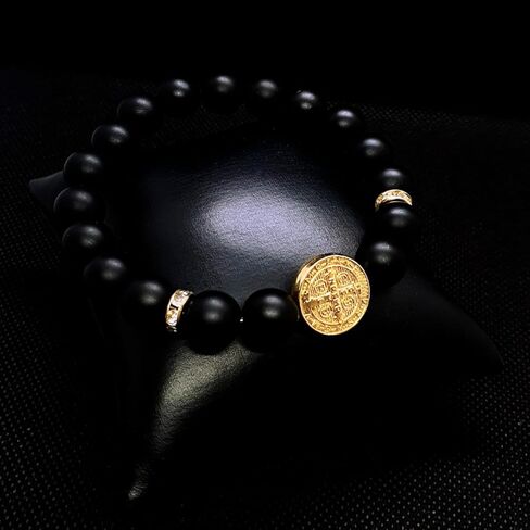 Saint Benedict Bracelet for Men with Matte Onyx Stone and Charm – Swiss Zirconia Beads – 14K Gold Plated Steel – Men's Protection Jewelry in Saudi Arabia