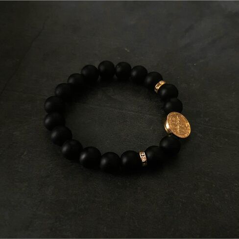 Saint Benedict Bracelet for Men with Matte Onyx Stone and Charm – Swiss Zirconia Beads – 14K Gold Plated Steel – Men's Protection Jewelry in Saudi Arabia