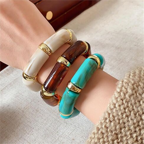 Bohemian Cylinder Acrylic Bangle - Retro Ethnic Style Elastic Wrist Accessory in Saudi Arabia