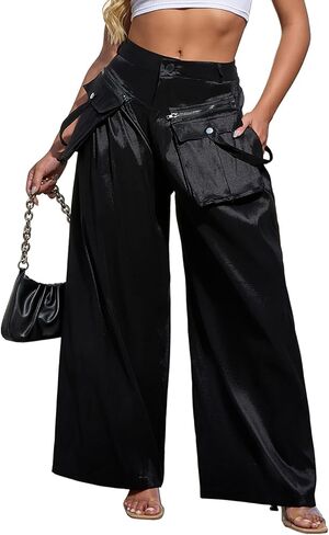 بنطلون نسائي من الساتان عالي الخصر وواسع الساق، بنطلون واسع مع جيوب بسحاب in Kuwait