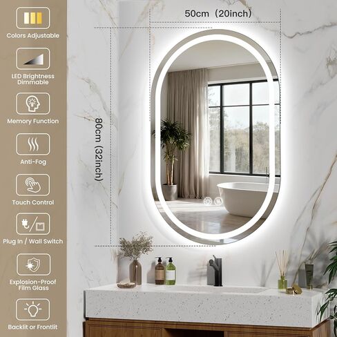 مرآة حمام بيضاوية LED، مرآة مقاس 32 × 20 بوصة مع ضوء، مرآة ذكية مضادة للضباب مقاومة للماء مع وظيفة الذاكرة، مرآة مضاءة قابلة للتعتيم in Kuwait