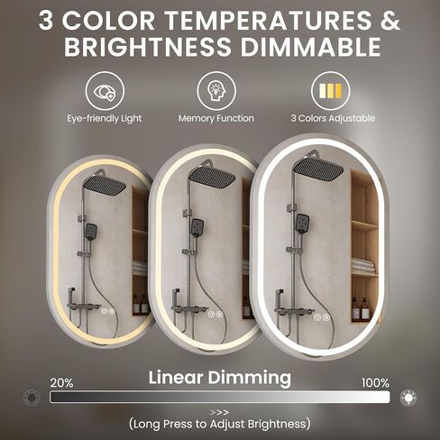 مرآة حمام بيضاوية LED، مرآة مقاس 32 × 20 بوصة مع ضوء، مرآة ذكية مضادة للضباب مقاومة للماء مع وظيفة الذاكرة، مرآة مضاءة قابلة للتعتيم in Kuwait
