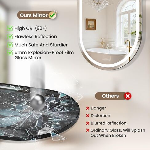 مرآة حمام بيضاوية LED، مرآة مقاس 32 × 20 بوصة مع ضوء، مرآة ذكية مضادة للضباب مقاومة للماء مع وظيفة الذاكرة، مرآة مضاءة قابلة للتعتيم in Kuwait