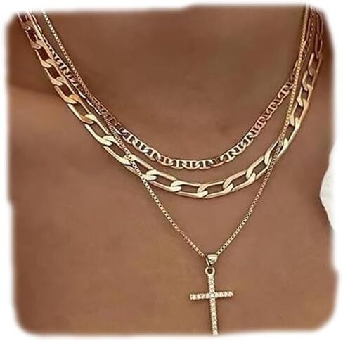 LAKIYOYO Gold Layered Necklace for Women Adjustable Multilaye CZ Diamond Cross Pendant Necklace Dainty Stackable Chain Choker Gold Layering Paperclip Chain Simple Jewelry Gift in Kuwait