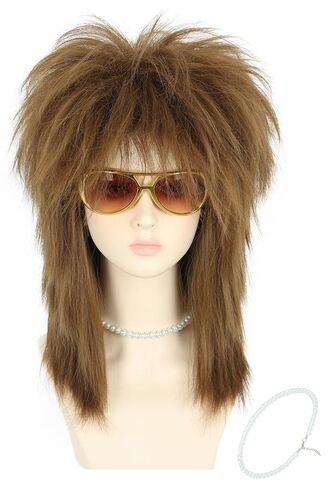yuehong Long Dark Brown Women Wig Mullet Wig 70s 80s Rocker Wig Heavy Metal Style Cosplay Costume Wig with Necklace in Saudi Arabia