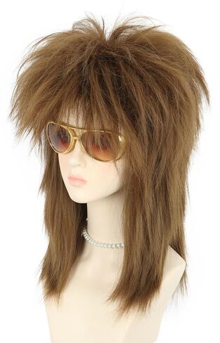 yuehong Long Dark Brown Women Wig Mullet Wig 70s 80s Rocker Wig Heavy Metal Style Cosplay Costume Wig with Necklace in Saudi Arabia