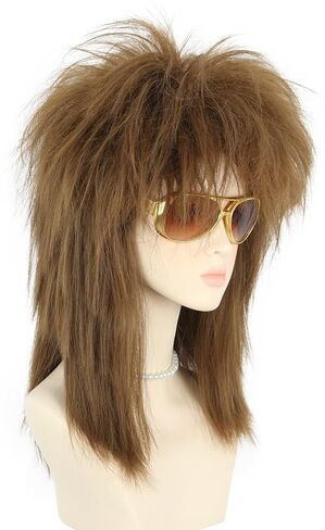 yuehong Long Dark Brown Women Wig Mullet Wig 70s 80s Rocker Wig Heavy Metal Style Cosplay Costume Wig with Necklace in Saudi Arabia