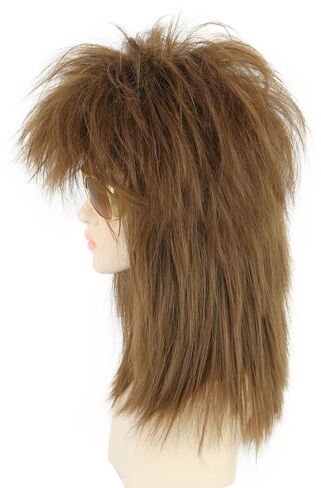 yuehong Long Dark Brown Women Wig Mullet Wig 70s 80s Rocker Wig Heavy Metal Style Cosplay Costume Wig with Necklace in Saudi Arabia