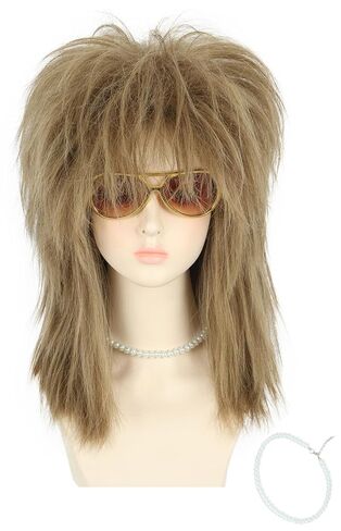 yuehong Long Dark Brown Women Wig Mullet Wig 70s 80s Rocker Wig Heavy Metal Style Cosplay Costume Wig with Necklace in Saudi Arabia