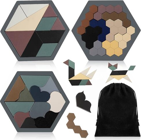 Yunsailing 3 Pack Hexagon Tangram Puzzles Wooden Brain Survivor Puzzles for Adult Russian Blocks Hexagon Tangram Brain Teaser Wood Geometric Jigsaw Challenge Intelligence Teasers Logic Mind Game in Kuwait