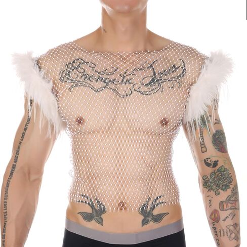 Mens Rhinestone Tank Top Sheer Mesh Feather See Through Fishnet Sparkly Rave Outfit Crop Men Shirt Sexy Club Party in Saudi Arabia