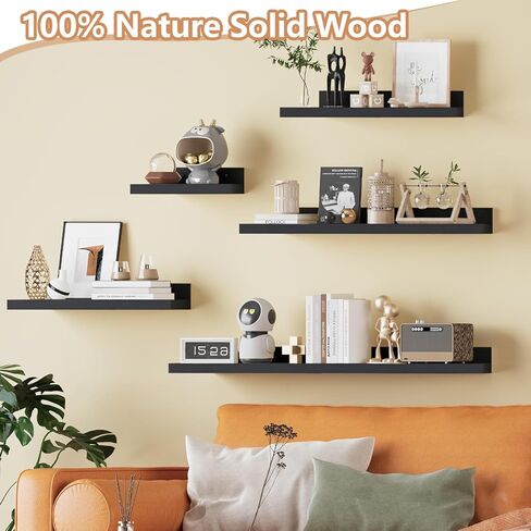 Floating Shelves for Wall Set of 5,Black Floating Shelves bathroom,30 Inch Natural Wood Book Shelf for Wall Mounted,Home Decor Display Shelving,Storage Shelves for Living Room,Bedroom,Kitchen in Kuwait