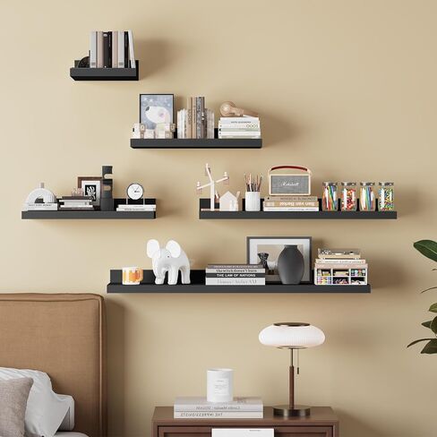 Floating Shelves for Wall Set of 5,Black Floating Shelves bathroom,30 Inch Natural Wood Book Shelf for Wall Mounted,Home Decor Display Shelving,Storage Shelves for Living Room,Bedroom,Kitchen in Kuwait