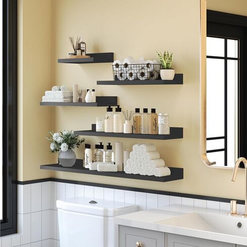 Floating Shelves for Wall Set of 5,Black Floating Shelves bathroom,30 Inch Natural Wood Book Shelf for Wall Mounted,Home Decor Display Shelving,Storage Shelves for Living Room,Bedroom,Kitchen in Kuwait