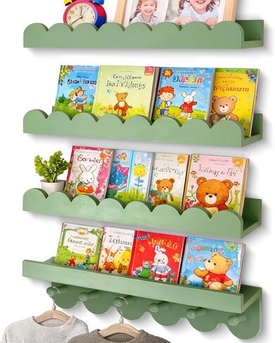 OurWarm أرفف الكتب العائمة للجدار، 16 بوصة أرفف كتب الحضانة أرفف الحائط لغرفة الأطفال مجموعة من 4، رف كتب خشبي صدفي لحضانة الأطفال غرفة نوم مرحاض المطبخ غرفة المعيشة ديكور in Saudi Arabia
