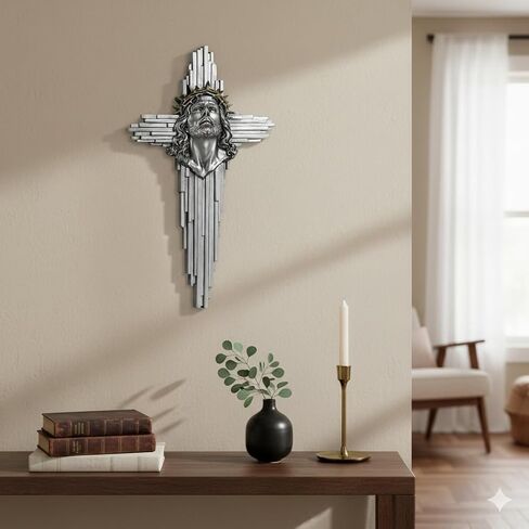 ShineOnAngel Jesus Wall Cross Sculpture, 10 Inch Resin Relief Radiant Savior Wall Crucifix Decor, Handcrafted Silver Color for Christian Home, Church, or Prayer Room Decoration (Silver) in Saudi Arabia