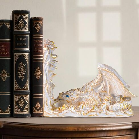 Vintage Gothic Dragon Bookends, Decorative Dragon Book Ends, Unique Fantasy Bookends for Heavy Books, Animal Fantasy Dragon Statues, Dragon Bookshelf Decor for Home Office Desk (White) in Saudi Arabia
