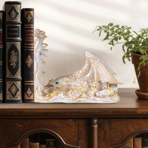 Vintage Gothic Dragon Bookends, Decorative Dragon Book Ends, Unique Fantasy Bookends for Heavy Books, Animal Fantasy Dragon Statues, Dragon Bookshelf Decor for Home Office Desk (White) in Saudi Arabia