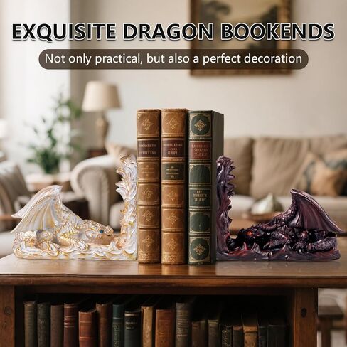 Vintage Gothic Dragon Bookends, Decorative Dragon Book Ends, Unique Fantasy Bookends for Heavy Books, Animal Fantasy Dragon Statues, Dragon Bookshelf Decor for Home Office Desk (White) in Saudi Arabia