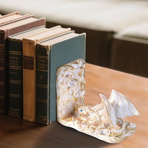 Vintage Gothic Dragon Bookends, Decorative Dragon Book Ends, Unique Fantasy Bookends for Heavy Books, Animal Fantasy Dragon Statues, Dragon Bookshelf Decor for Home Office Desk (White) in Saudi Arabia